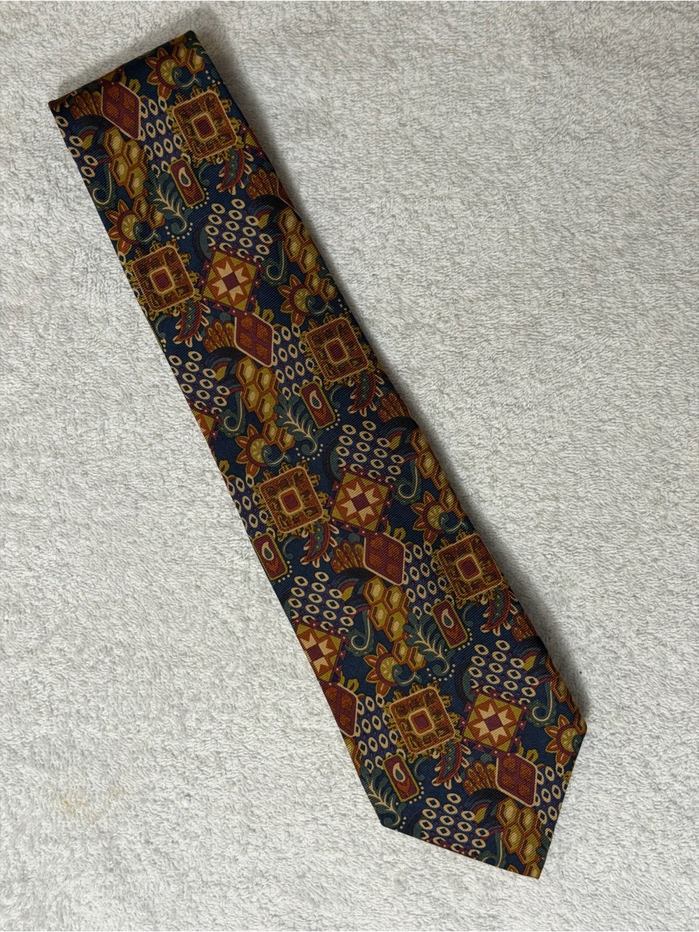 VTG Eddie Bauer Silk Tie Abstract Paisley Geometric Mosaic Print Retro 80s 90s